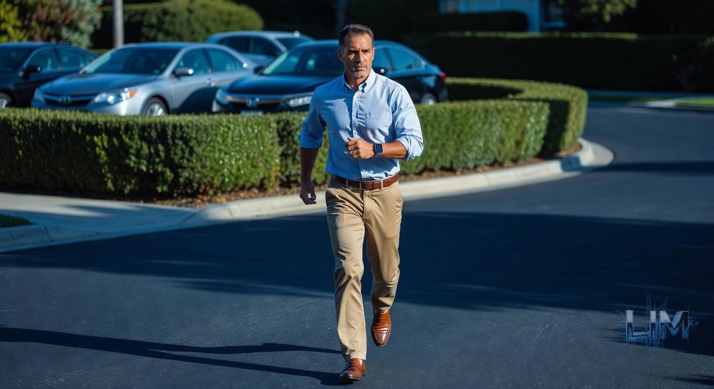 The 12:14 Cul-de-Sac Lunch Loop, the 9,283-Step Inflection That Cuts Death Risk 39% at 11 Sedentary Hours, and Why the April 2026 BJSM UK Biobank Re-Analysis (n=72,174) Burns the Desk-Bound Parent's Last Excuse