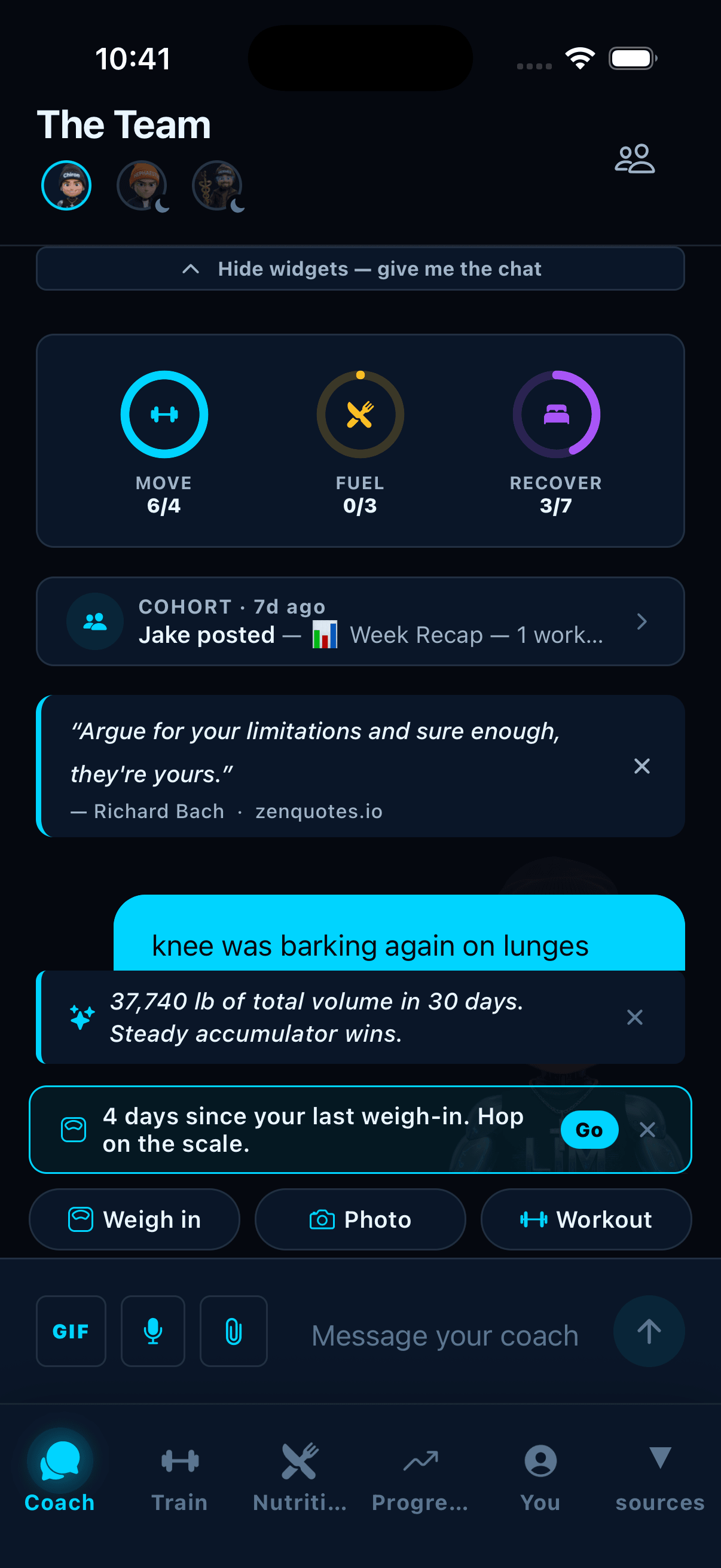 The coaching home screen: daily rings, your coach, and live adjustments