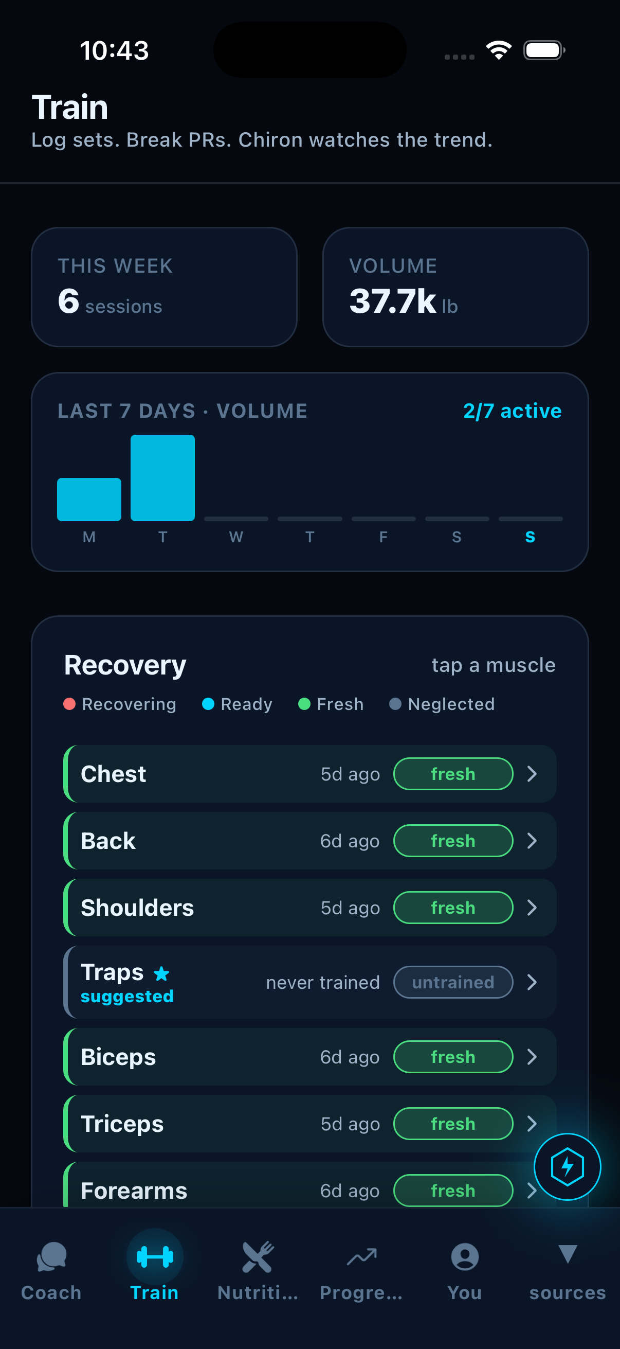 Training log with weekly volume and recovery by muscle group